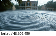 A mesmerizing vortex of mist spirals around a house during an unexplained atmospheric phenomenon, creating an eerie atmosphere. Стоковое AI-изображение, AI-художник Данила Большаков / Фотобанк Лори