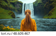 A woman stands by the water, admiring the powerful Seljalandsfoss waterfall as mist rises from the base and rain drizzles softly. Стоковое AI-изображение, AI-художник Данила Большаков / Фотобанк Лори
