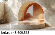 A unique architectural design showcases a curved alcove with warm tones, inviting a sense of calm in a minimalist indoor space. Стоковое AI-изображение, AI-художник Данила Большаков / Фотобанк Лори