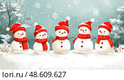 Cheerful snowmen, adorned with red hats and scarves, create a festive atmosphere in a snowy landscape as snowflakes gently fall. Стоковое AI-изображение, AI-художник Данила Большаков / Фотобанк Лори