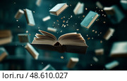 Books floating in the air create a magical library atmosphere. Парящие в воздухе книги создают волшебную атмосферу библиотеки. Стоковое AI-изображение, AI-художник Katsiaryna Repich / Фотобанк Лори