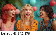 Three cheerful friends share a lighthearted moment, laughing and enjoying their time together in a vibrant, balloon-adorned atmosphere. Стоковое AI-изображение, AI-художник Данила Большаков / Фотобанк Лори
