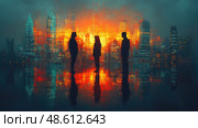 Three silhouettes appear against an urban skyline illuminated by a fiery sunset, captured as reflections glisten on the wet ground. Стоковое AI-изображение, AI-художник Данила Большаков / Фотобанк Лори