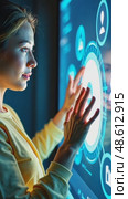 A woman interacting with a hologram, front view, bright lighting, friendly color palette with soft blues and yellows. modern hi-tech interface communication concept. Стоковое AI-видео, аниматор Sergey Grishin / Фотобанк Лори