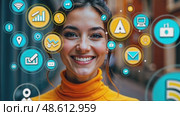 A woman in bright clothing with digital icons symbolizing creativity, front view, bright lighting, vibrant color palette with yellow and cyan tones. modern hi-tech communication concept. Стоковое AI-видео, аниматор Sergey Grishin / Фотобанк Лори