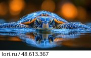 A vibrant sea turtle swims effortlessly in calm waters, reflecting the warm colors of the sunset above in a serene coastal setting. Стоковое AI-изображение, AI-художник Данила Большаков / Фотобанк Лори