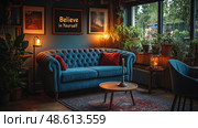 A serene living room features a blue tufted sofa with pillows and plants, all bathed in warm evening light under an inspiring poster. Стоковое AI-изображение, AI-художник Данила Большаков / Фотобанк Лори