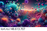 Microscopic world of Covid-19 - viral particles invading cellular landscape. Infection of FLiRT, XEC, epidemic, pandemic. Стоковое AI-изображение, AI-художник Андрей Ка / Фотобанк Лори