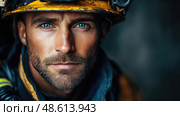 A miner with striking blue eyes and a helmet gazes intently, reflecting focus and strength in the demanding environment of underground work. Стоковое AI-изображение, AI-художник Данила Большаков / Фотобанк Лори