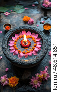 A decorative bowl filled with water and a flickering diya, surrounded by colorful flowers, used in a festive ritual or celebration. Стоковое AI-изображение, AI-художник Данила Большаков / Фотобанк Лори