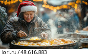 A cheerful woman in a Santa hat warms herself while preparing a large dish of steaming eggs at a winter market filled with holiday decorations. Стоковое AI-изображение, AI-художник Данила Большаков / Фотобанк Лори