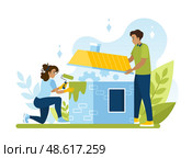 Молодая семья начинает ремонт. Косметический ремонт в своем доме начинается с изменения цвета вашего дома. Плоская векторная иллюстрация в мультяшном стиле. Стоковая иллюстрация, иллюстратор Юлия Мелешина / Фотобанк Лори