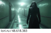 A hooded figure stands in a dimly lit corridor of an abandoned building, creating an unsettling atmosphere at night. Стоковое AI-изображение, AI-художник Данила Большаков / Фотобанк Лори