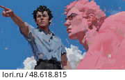 A painting featuring a man pointing accusingly at another man, both figures displaying intense expressions. Стоковое AI-изображение, AI-художник Данила Большаков / Фотобанк Лори
