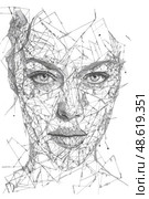 A detailed drawing depicting a womans face with intricate lines marking features. The lines add depth and dimension to the facial structure. Стоковое AI-изображение, AI-художник Данила Большаков / Фотобанк Лори