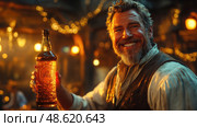 A smiling man enjoys a bottle of amber beer, surrounded by warm lights and a festive atmosphere in a cozy tavern at night. Стоковое AI-изображение, AI-художник Данила Большаков / Фотобанк Лори