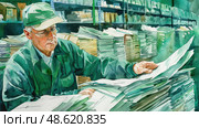 An older gentleman meticulously examines various documents in a cluttered archive bathed in natural light. Стоковое AI-изображение, AI-художник Данила Большаков / Фотобанк Лори