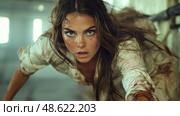 A determined woman crawls through a shadowy corridor, her face smeared with dirt and markings, conveying a powerful sense of survival and struggle. Стоковое AI-изображение, AI-художник Данила Большаков / Фотобанк Лори