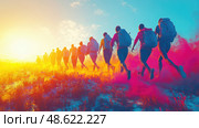 Hikers traverse a vibrant landscape at sunset, creating a sense of adventure and unity amid colorful splashes of dust and light. Стоковое AI-изображение, AI-художник Данила Большаков / Фотобанк Лори
