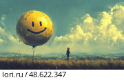 In a peaceful countryside setting, a child stands mesmerized by a giant smiling balloon floating above grasslands, creating a joyful atmosphere. Стоковое AI-изображение, AI-художник Данила Большаков / Фотобанк Лори
