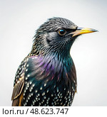 Close Up Portrait of a Starling on White Background. Generative AI. Стоковое AI-изображение, AI-художник Roman Zavorotny / Фотобанк Лори