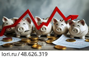 Piggy banks accumulate coins with rising graph indicating financial growth in a budgetary setting. Стоковое AI-изображение, AI-художник Сергей Толмачёв / Фотобанк Лори