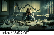 Businessman struggles with financial stress in a chaotic office environment during late hours. Стоковое AI-изображение, AI-художник Сергей Толмачёв / Фотобанк Лори