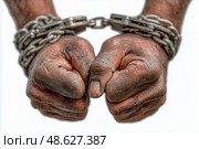Captured Hands in Strong Shackles Demonstrating Bondage and Restraint. Стоковое AI-изображение, AI-художник Юлия Гапеенко / Фотобанк Лори