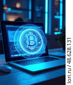 A laptop screen shows a blue circle with the letter B in the center. Стоковое AI-изображение, AI-художник Ярославский Максим / Фотобанк Лори