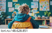 A young boy daydreams and studies in a teal classroom, focused on learning and future success. Стоковое AI-видео, аниматор Данила Большаков / Фотобанк Лори