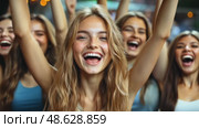 Euphoric crowd of women celebrate at a concert, raising arms and cheering with joy and excitement. Стоковое AI-видео, аниматор Данила Большаков / Фотобанк Лори