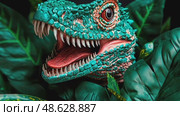 Close-up of a menacing, green reptilian predator (dinosaur/reptile) in a lush jungle, showing teeth, scales, and vibrant colors, conveying danger and prehistoric ferocity. Стоковое AI-видео, аниматор Данила Большаков / Фотобанк Лори
