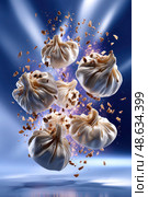 A close up of a bunch of dumplings with a lot of crumbs flying around them. Стоковое AI-изображение, AI-художник Ярославский Максим / Фотобанк Лори