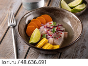 A traditional Peruvian dish is ceviche with white fish. Стоковое фото, фотограф Наталья Угрюмова / Фотобанк Лори