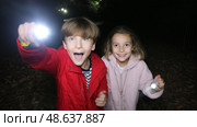 Children exploring a forest at night with flashlights, enjoying an adventure in the dark. Стоковое AI-изображение, AI-художник Сергей Толмачёв / Фотобанк Лори