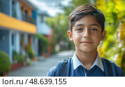 A young student is standing on a school path, dressed neatly, with a backpack, exuding excitement and eagerness for the day ahead. Стоковое AI-изображение, AI-художник Данила Большаков / Фотобанк Лори