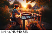 Young girl preparing flowers to midsummer in evening. Стоковое AI-изображение, AI-художник Tamara Sushko / Фотобанк Лори