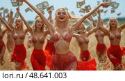 A vibrant celebration unfolds in a golden field as dancers in red outfits joyfully toss dollar bills and express their excitement under the sun. Стоковое AI-изображение, AI-художник Данила Большаков / Фотобанк Лори