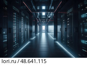 A sleek, modern corridor within a data center, featuring rows of dark server racks illuminated by soft blue lights. Стоковое AI-изображение, AI-художник Данила Большаков / Фотобанк Лори