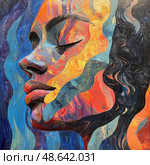 A striking abstract portrayal of a woman’s profile, blending vibrant colors and patterns, displayed at an art exhibit in a gallery. Стоковое AI-изображение, AI-художник Данила Большаков / Фотобанк Лори
