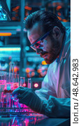 A researcher in a lab coat studies vibrant liquids in test tubes, illuminated by bright, colorful lights, showcasing a busy scientific environment at night. Стоковое AI-изображение, AI-художник Данила Большаков / Фотобанк Лори