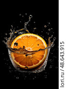 An orange slice creates a stunning splash in crystal-clear water, showcasing vibrant colors and intricate details against a dark backdrop. Стоковое AI-изображение, AI-художник Данила Большаков / Фотобанк Лори