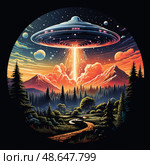 A glowing UFO emits a beam of light onto the ground in a tranquil forest setting as colorful clouds and distant mountains create a stunning twilight backdrop. Стоковое AI-изображение, AI-художник Данила Большаков / Фотобанк Лори