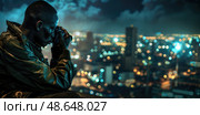 A person sits quietly on the edge of a rooftop, gazing thoughtfully over a dazzling city skyline illuminated at night. Стоковое AI-изображение, AI-художник Данила Большаков / Фотобанк Лори