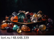 A stunning assortment of colorful gemstones rests atop a wooden board, beautifully illuminated to highlight their unique features and textures. Стоковое AI-изображение, AI-художник Данила Большаков / Фотобанк Лори