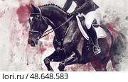 A rider in formal attire guides a powerful black horse through a dynamic movement, showcasing their talent in an equestrian competition. Стоковое AI-изображение, AI-художник Данила Большаков / Фотобанк Лори