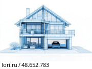 Modern glass-fronted house design merges elegance and comfort in a serene environment. Стоковое AI-изображение, AI-художник Михаил Коханчиков / Фотобанк Лори