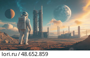 Astronaut gazes at futuristic space colony with distant planets at sunset. Стоковое AI-изображение, AI-художник Михаил Коханчиков / Фотобанк Лори