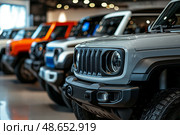 Off-road vehicles lined up in a modern showroom during the day. Стоковое AI-изображение, AI-художник Михаил Коханчиков / Фотобанк Лори