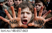 A boy is holding his hands up in front of a crowd. Стоковое AI-изображение, AI-художник Ярославский Максим / Фотобанк Лори